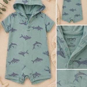Carter’s Baby Shark Hooded Romper 18M Aqua Short Sleeve